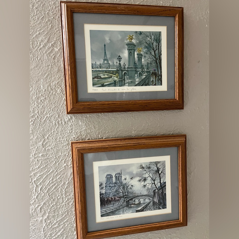 Set of Two Framed Paris Prints in Oak Frames